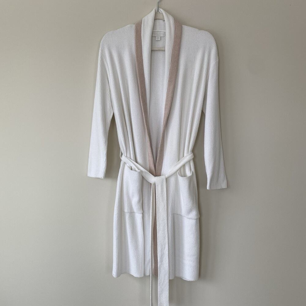Barefoot Dreams Cozychic Ultra Tipped Ribbed Short Robe Size S/M Seasalt/Shell - Picture 2 of 14